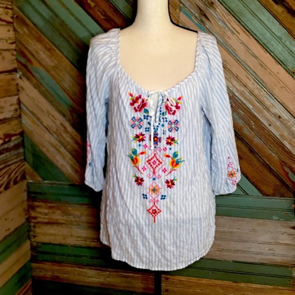 Johnny Was Tops - Johnny Was Light Blue Striped Peasant Top with Multicolor Embroidery Size Small